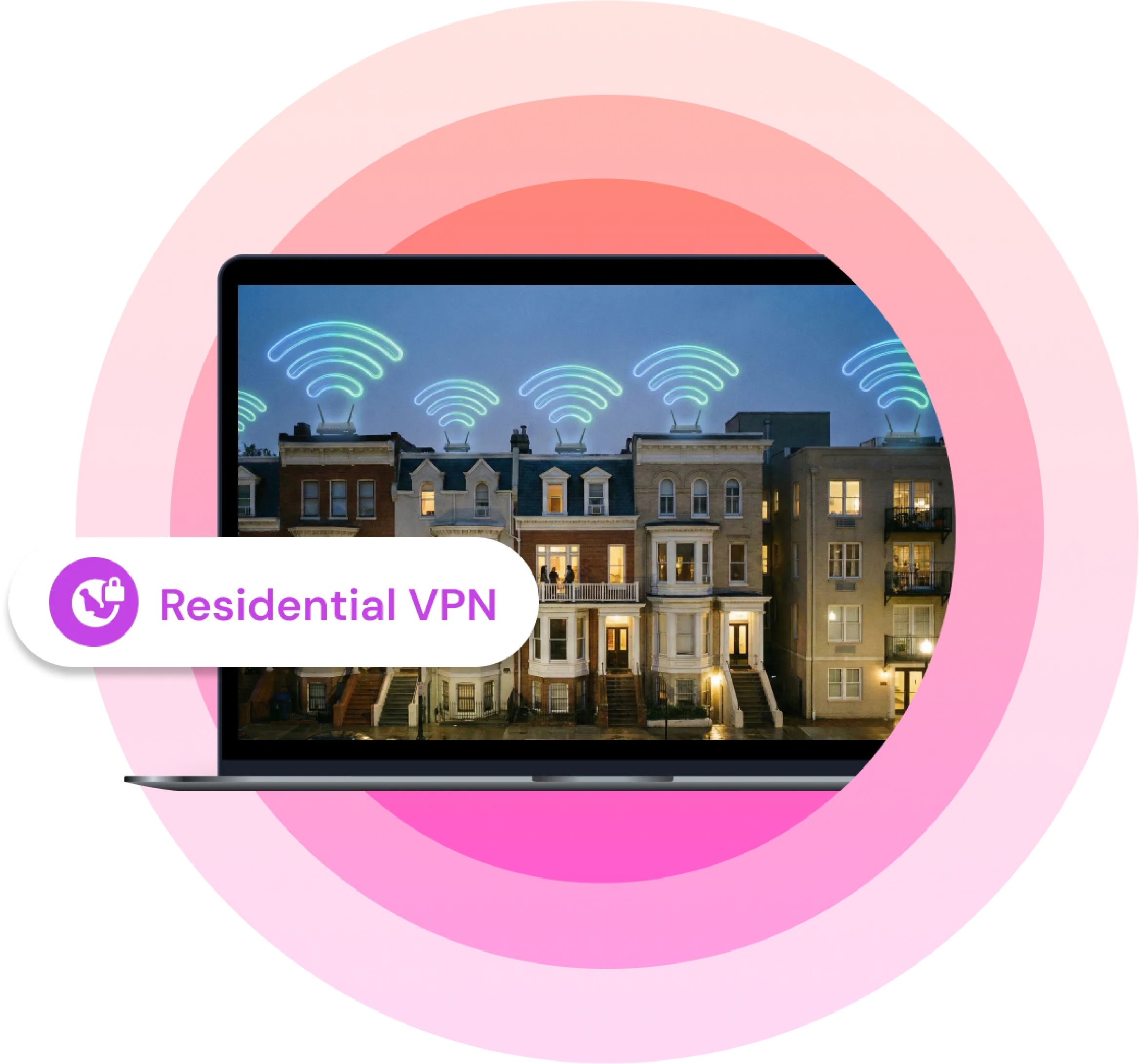 Laptop with an image depicting houses with people inside sharing their residential IPs